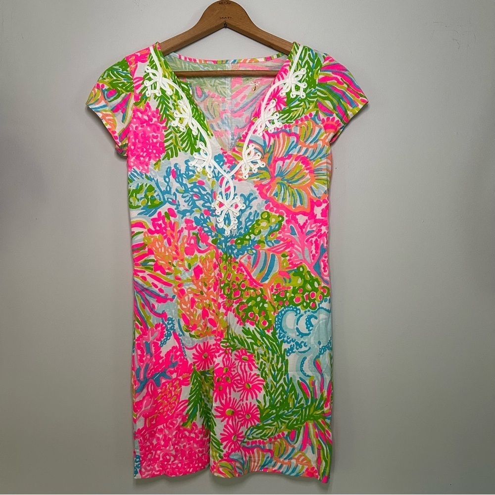 Lily Pulitzer Brewster Dress Coastal Neon Pink Green Sea Pattern Cotton Size XS - Picture 1 of 15